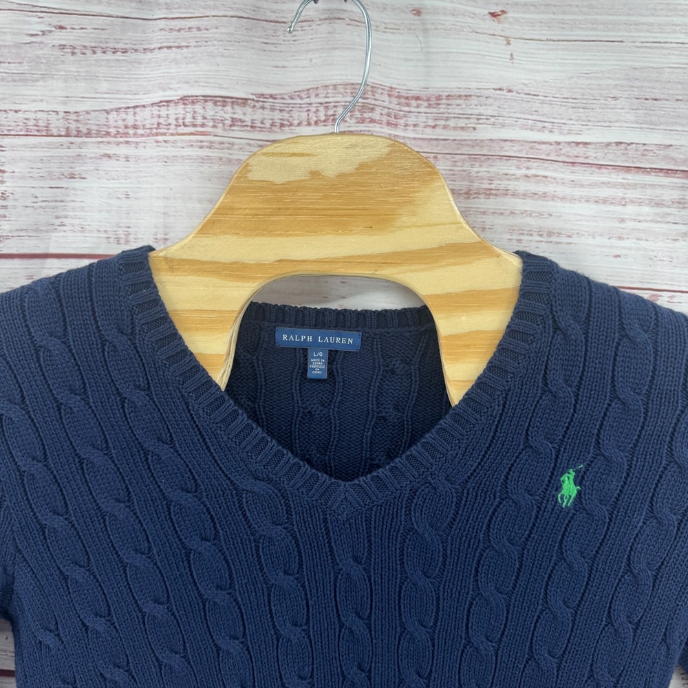 Ralph Lauren Sweater Womens Large Navy Blue Cable Knit V-Neck Casual Preppy - Picture 2 of 11